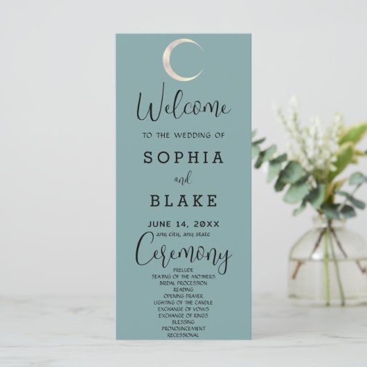 Gold Crescent Moon Celestial Blue Wedding Program (Stehend Vorderseite)