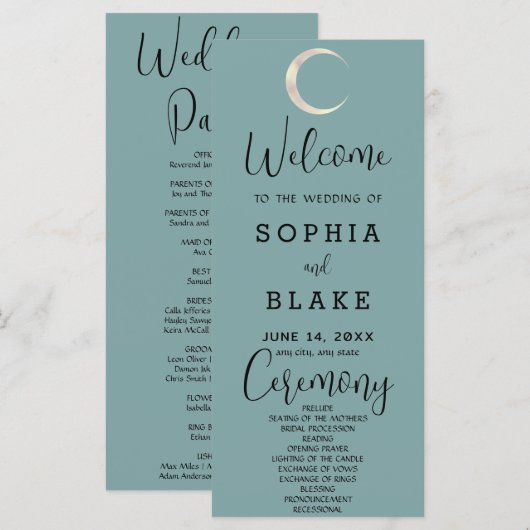 Gold Crescent Moon Celestial Blue Wedding Program (Vorne/Hinten)