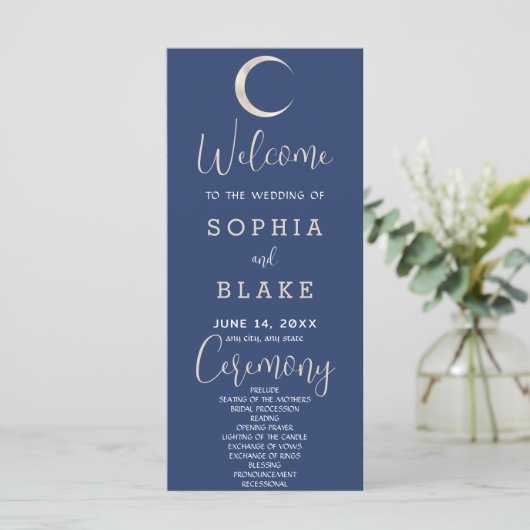 Gold Crescent Moon Celestial Blue Wedding Program (Stehend Vorderseite)