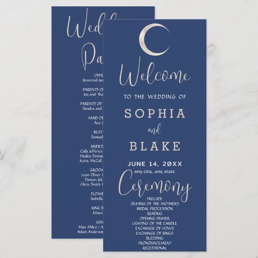 Gold Crescent Moon Celestial Blue Wedding Program (Vorne/Hinten)