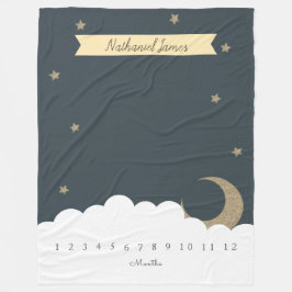 Gold Crescent Moon & Stars Navy Blue Milestone Boy Fleecedecke