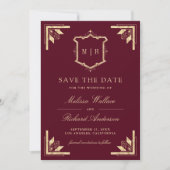 Gold Crest Monogram Foto Burgund Hochzeit Save The Date (Vorderseite)
