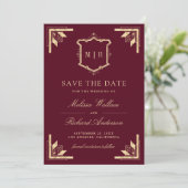 Gold Crest Monogram Foto Burgund Hochzeit Save The Date (Stehend Vorderseite)