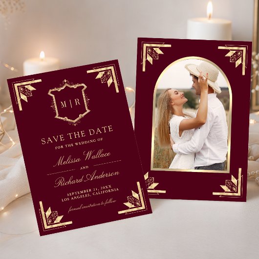 Gold Crest Monogram Foto Burgund Hochzeit Save The Date