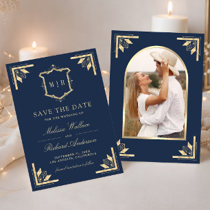 Gold Crest Monogram Foto Navy Blau Hochzeit Save The Date