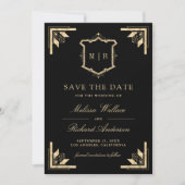 Gold Crest Monogram Foto Schwarze Hochzeit Save The Date (Vorderseite)