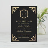 Gold Crest Monogram Foto Schwarze Hochzeit Save The Date (Stehend Vorderseite)