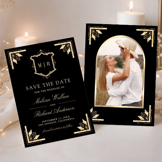 Gold Crest Monogram Foto Schwarze Hochzeit Save The Date