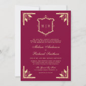 Gold Crest Monogram QR Code Magenta Wedding Einladung (Vorderseite)