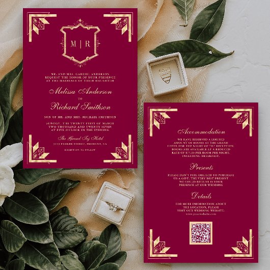 Gold Crest Monogram QR Code Magenta Wedding Einladung