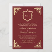 Gold Crest Monogram QR Code Marine Rot Hochzeit Einladung (Vorderseite)