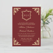 Gold Crest Monogram QR Code Marine Rot Hochzeit Einladung (Stehend Vorderseite)