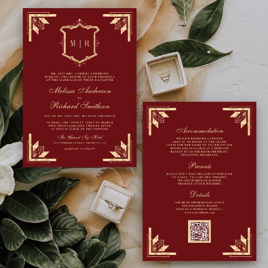 Gold Crest Monogram QR Code Marine Rot Hochzeit Einladung