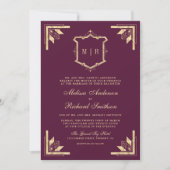 Gold Crest Monogram QR Code Pflaume Lila Hochzeit Einladung (Vorderseite)