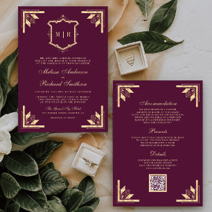 Gold Crest Monogram QR Code Pflaume Lila Hochzeit Einladung