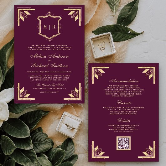 Gold Crest Monogram QR Code Pflaume Lila Hochzeit Einladung