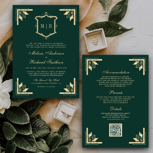 Gold Crest Monogram QR Code Smaragdgrüne Hochzeit Einladung