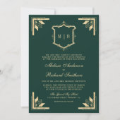 Gold Crest Monogram QR Code Smaragdgrüne Hochzeit Einladung (Vorderseite)