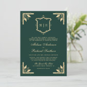 Gold Crest Monogram QR Code Smaragdgrüne Hochzeit Einladung (Stehend Vorderseite)