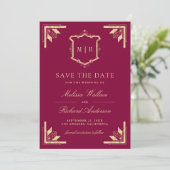Gold Crest Monogramm Foto Magenta Hochzeit Save The Date (Stehend Vorderseite)