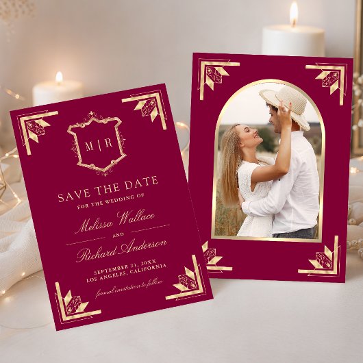 Gold Crest Monogramm Foto Magenta Hochzeit Save The Date