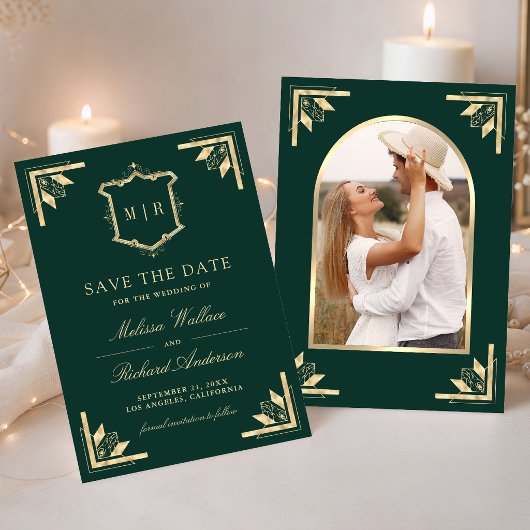 Gold Crest Monogramm Foto Smaragdgrün Hochzeit Save The Date
