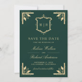 Gold Crest Monogramm Foto Smaragdgrün Hochzeit Save The Date (Vorderseite)