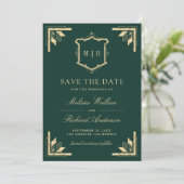 Gold Crest Monogramm Foto Smaragdgrün Hochzeit Save The Date (Stehend Vorderseite)