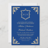 Gold Crest Monogramm QR-Code königsblau Hochzeit Einladung (Vorderseite)