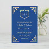 Gold Crest Monogramm QR-Code königsblau Hochzeit Einladung (Stehend Vorderseite)