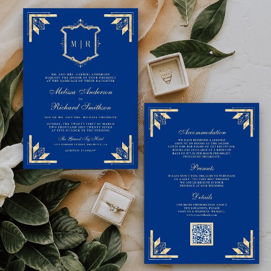 Gold Crest Monogramm QR-Code königsblau Hochzeit Einladung