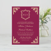 Gold Crest Monogramm QR Code Magenta Hochzeit Einladung (Stehend Vorderseite)