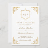 Gold Crest Monogrammfoto Weiße Hochzeit Save The Date (Vorderseite)