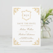 Gold Crest Monogrammfoto Weiße Hochzeit Save The Date (Stehend Vorderseite)
