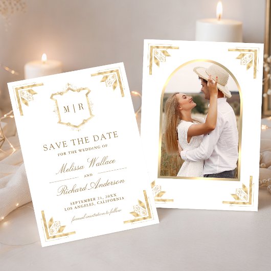 Gold Crest Monogrammfoto Weiße Hochzeit Save The Date