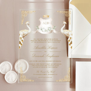 Gold Crest Royal Indian Weißer Pfau Hochzeit Acryleinladungen