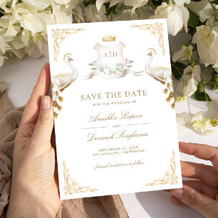 Gold Crest Royal Indian Weißer Pfau Hochzeit Save The Date