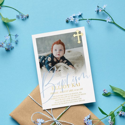 Gold Cross Bale Blue Script Foto Taufe Folieneinladung