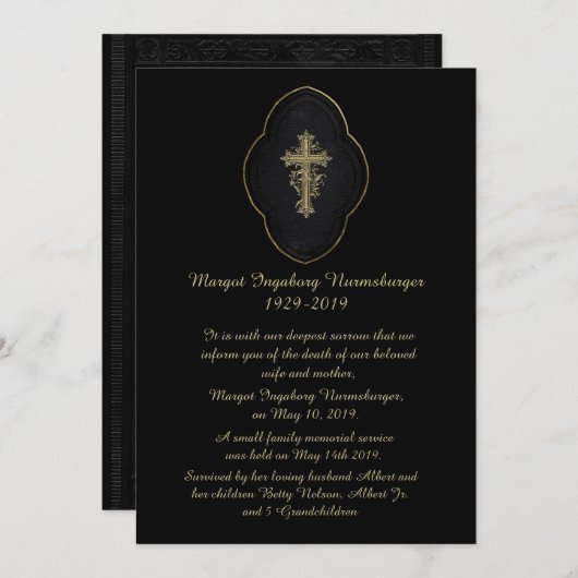 Gold Cross Black Death Announcement Card Ankündigung (Vorne/Hinten)