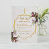 Gold-Cross-Burgund-Peonies-Marmor der ersten Kommu Einladung (Stehend Vorderseite)