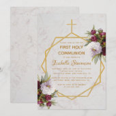 Gold-Cross-Burgund-Peonies-Marmor der ersten Kommu Einladung (Vorne/Hinten)