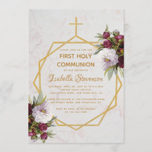 Gold-Cross-Burgund-Peonies-Marmor der ersten Kommu Einladung