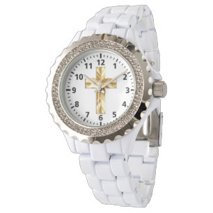 Gold Cross Custom Kristall White Enamel Watch Armbanduhr