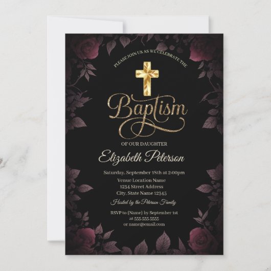 Gold Cross Dark Burgundy Roses Baptism Einladung (Vorderseite)