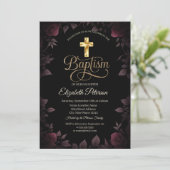 Gold Cross Dark Burgundy Roses Baptism Einladung (Stehend Vorderseite)