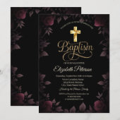 Gold Cross Dark Burgundy Roses Baptism Einladung (Vorne/Hinten)
