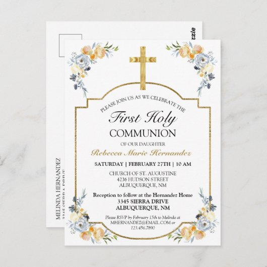 Gold Cross Floral 1. Heilige Kommune Einladung Postkarte (Vorne/Hinten)