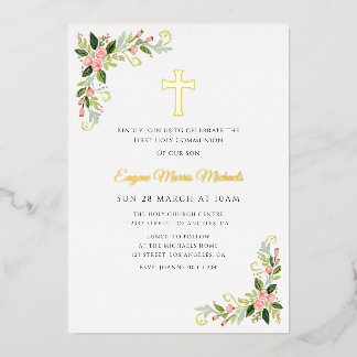Gold cross floral first communion invitation foil  folieneinladung