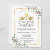 Gold Cross Frame Floral First Heilige Kommune Einladung (Vorderseite)