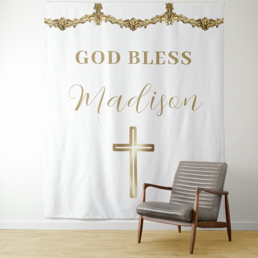Gold Cross-God Bless Baby Custom Baptism Tapestes Wandteppich (Beispiel)